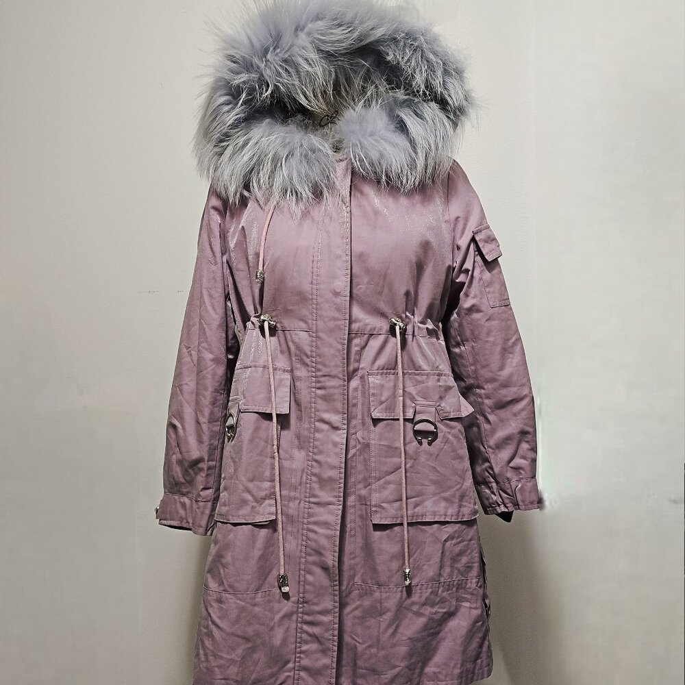 New Real Rex Rabbit Lapin Fur-Lined Parka Coat Jacket Raccoon Lilac Lavender S